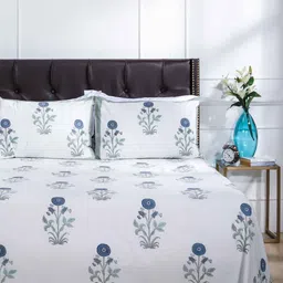 SHAHENAZ Blue & White Floral 220 TC Queen Bedsheet with 2 Pillow Covers-image-47