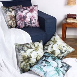 Myntra Elegant Homes Blue & Green Set of 5 Floral Velvet Square Cushion Covers-9