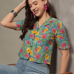 HERE&NOW Women Floral Printed Roll-Up Sleeves Cotton Shirt Style Crop Top-image-11