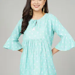 KALINI Geometric Print Tie-Up Neck Bell Sleeve Block Print Cotton Empire Longline Top-picture-4