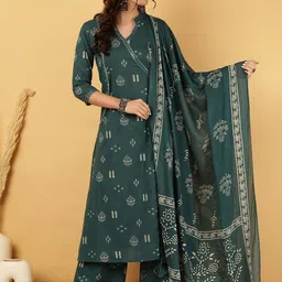 GULMOHAR JAIPUR Floral Printed Angrakha Pure Cotton A-Line Kurta With Palazzos & Dupatta-picture-37