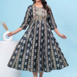 HEARTLOOM Printed Embroidered Round Neck Fit & Flare Ethnic Dresses-image-69