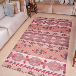 Mona B Peach-Colored & Brown Vintage Printed Cotton Dhurrie-image-7