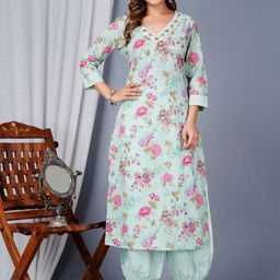 HERE&NOW Women Floral Printed Cotton Kurta with Dhoti Pant & Dupatta-image-13