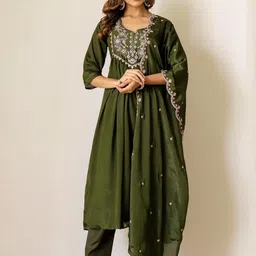 SANISA Women Green Silk Chiffon Embroidered Kurta & Trousers With Dupatta-picture-48