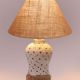 Devansh Beige Printed Wooden Frustum Shaped Table Lamp With Mosaic Glass Base image 3