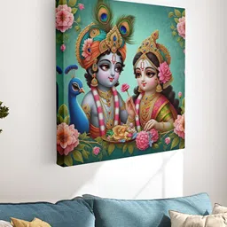 Myntra Elegant Homes Green & Blue Lord Radha Krishna Printed Canvas Wall Art-image-56