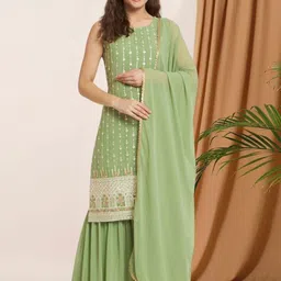 PARROT CREATION Women Embroidered Regular Sequinned Kurti with Sharara & Dupatta-image-59