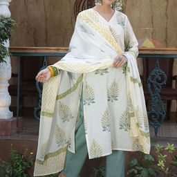 Taavi Floral Hand Block Print Pure Cotton Straight Kurta With Trousers & Dupatta-25