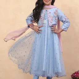 Biba Girls Floral Embroidered Tie-Up Neck Sequinned Anarkali Kurta Set With jacket-picture-43