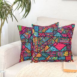 HOMPRIN Black & Blue Set of 2 Square Cushion Covers-23