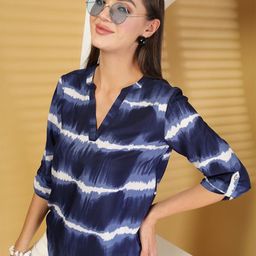 EVERYDAY by ANI Women Tie and Dye Print Mandarin Collar Roll-Up Sleeves A-Line Top-image-40