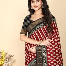 J 6 DESIGNER Ajrak Block Art Silk Block Print Saree image 2