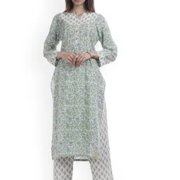 TAJNAN Floral Printed Notch Neck Pure Cotton Straight Kurta With Trousers-14