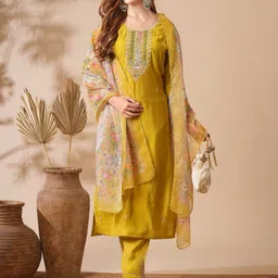 KALINI Women Floral Embroidered Regular Thread Work Chanderi Silk Kurta with Trousers & With Dupatta-27