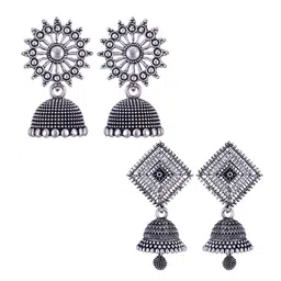 DIVASTRI Set of 2 Silver Plated Oxidised Dome Shape Jhumkas-3