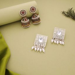 Anouk Set Of 2 Gold-Plated Kundan Studded & Pearls Beaded Dome Shaped Jhumkas-41