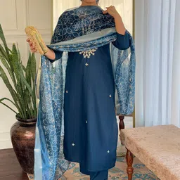THE52 Women Solid Embroidered Kurta with Trousers & Dupatta-image-2