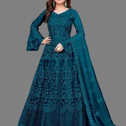 LADY SHOPI Women Floral Embroidered Bell Sleeve Net Fit & Flare Maxi Dress-7