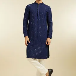 Diwas by Manyavar Floral Embroidered Sequinned Mandarin Collar Straight Kurta With Pyjamas-picture-29