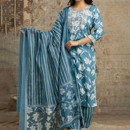 Moda Rapido Floral Printed Mirror Work Notch Neck Pure Cotton Kurta With Patiala & Dupatta-picture-20