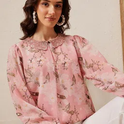 QUIERO Floral Embellished Peter Pan Collar Georgette Top-picture-17