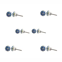 Indianshelf 6-Pcs White & Blue Flower Printed Ceramic Knobs-3