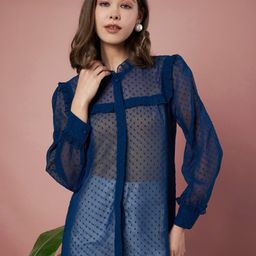 Slenor Women Sheer Cuffed Sleeves Georgette Shirt Style Longline Top-image-52