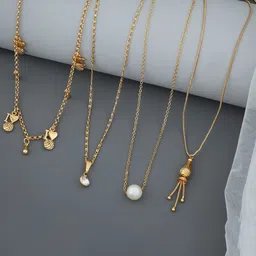 BHUMI09 Set Of 4 Gold-Plated Artificial Stones Studded And Beaded Minimal Chains-5