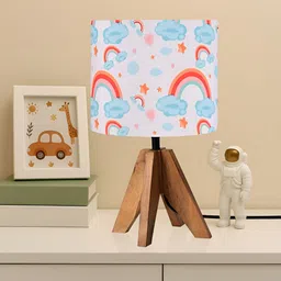 Kuber Industries Blue & Pink Printed Wooden Cylindrical Shaped Table Lamp-30