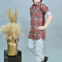 ahhaaaa Boys Floral Printed Regular Thread Work Kurta with Pyjamas image 2