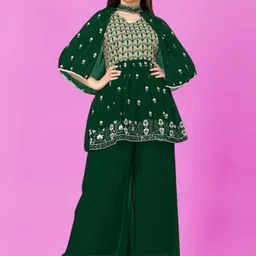 PARROT CREATION Floral Embroidered Georgette Anarkali Kurti With Sharara-image-77