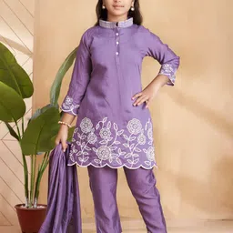 BAESD Girls Thread Embroidery Kurti Pant Set With Dupatta-picture-0