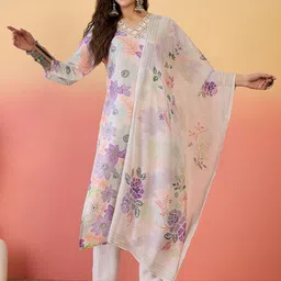 Sangria Floral Printed V-Neck Sequinned Straight Kurta With Trouser & Dupatta-picture-7