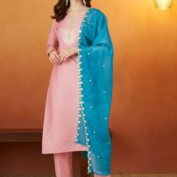MOKOSH Women Solid Embroidered Kurta with Trousers & Dupatta-image-50