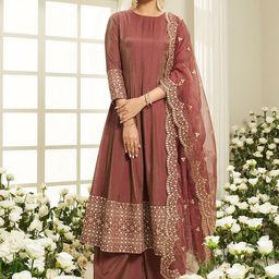 Inddus Floral Yoke Design Sequinned Anarkali Kurta With Palazzos & Dupatta-picture-17