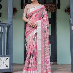 all about you Floral Printed Pure Linen Saree-image-96