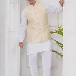 Sethukrishna Men Solid Embroidered Kurta with Churidar & Nehru Jacket-picture-44