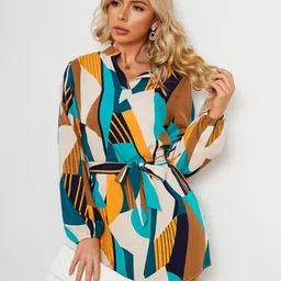StyleCast Brown & Blue Abstract Print Cotton A-Line Dress-picture-6