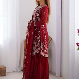 LeeliPeeri Designer Floral Embroidered Georgette Sequinned Kurta With Sharara And Dupatta image 4