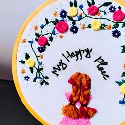 TheYUGO Pink & Yellow My Happy Place Embroidered Hoop WallHanging-image-24