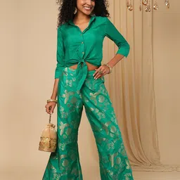 Globus Cuffed Sleeves Crop Shirt With Brocade Trousers-image-1