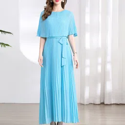 JC Collection Striped Tie-Ups Accordion Pleats Cape Sleeves Wrap Maxi Dress-image-61