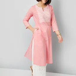 max Floral Yoke Design Notch Neck Cotton Straight Kurta image 3