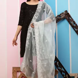 Bunkraft Embroidered Organza Dupatta with Thread Work image 2