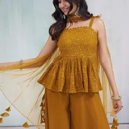 CHHAAP Embroidered Shoulder Straps Sleeveless Top & Trouser Co-Ord & Dupatta-image-10