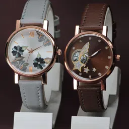 VIRAKTI Women Pack of 2 Brass Dial & Leather Straps Analogue Watch F-49-GREY-F-69-BROWN-24-image-19