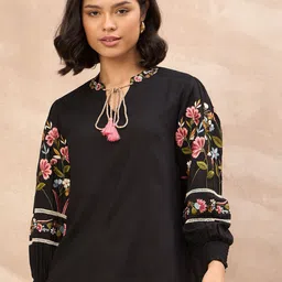 all about you Women Floral Embroidered Tie Up Neck Ethnic Top-image-62