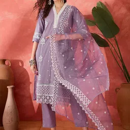 Sangria Floral Embroidered V-Neck Mirror Work Pure Cotton Kurta With Trouser & Dupatta-image-53