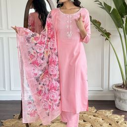 BAESD Floral Yoke Design Round Neck Thread Work Straight Kurta With Trousers & Dupatta-38